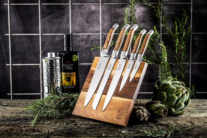 Laguiole Style de Vie Messerset Luxury Line, 5-teilig, Magnetischer Messerblock, Olivenholz