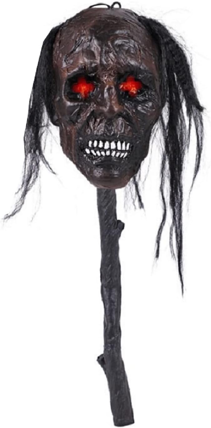 MIMIKRY Voodoo Zepter Grosser Schrumpfkopf mit Haaren und Leuchtaugen auf AST Trophäe Halloween Deko
