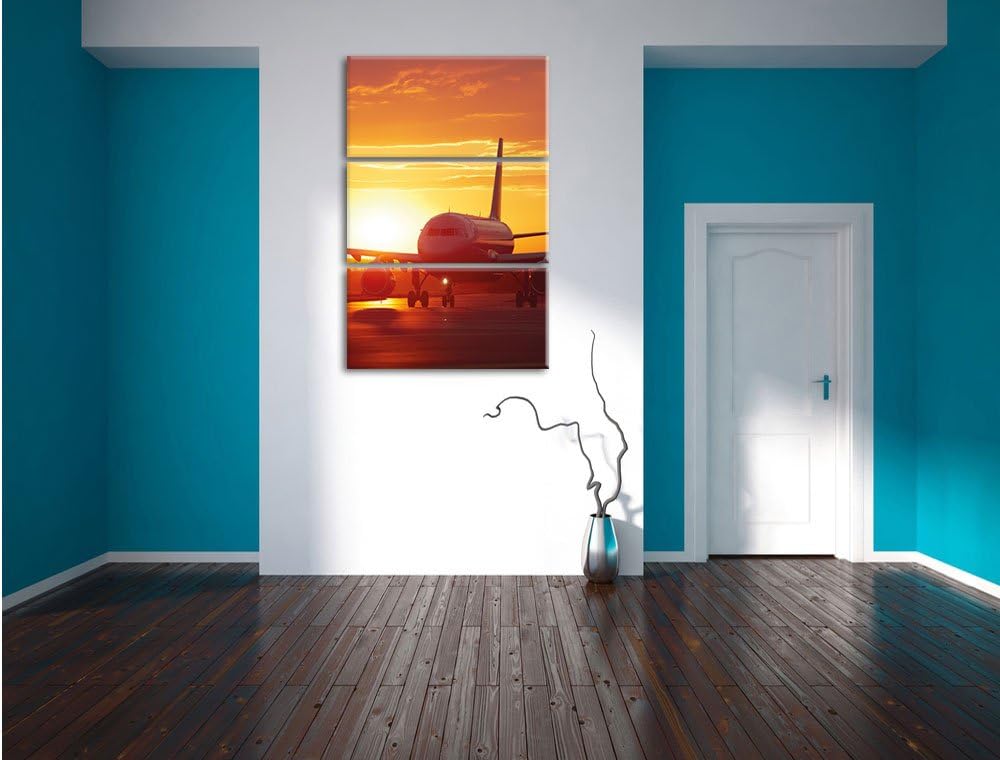 Pixxprint Flugzeug im Sonnenuntergang 3Teiler 120x80 cm Leinwandbild Wandbild Kunstdruck