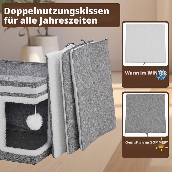 Katzenhaus Indoor, Katzenhöhle für Mehrere Katzen, Faltbarer Katzenhaus mit Kratzbrett, Spielball, D