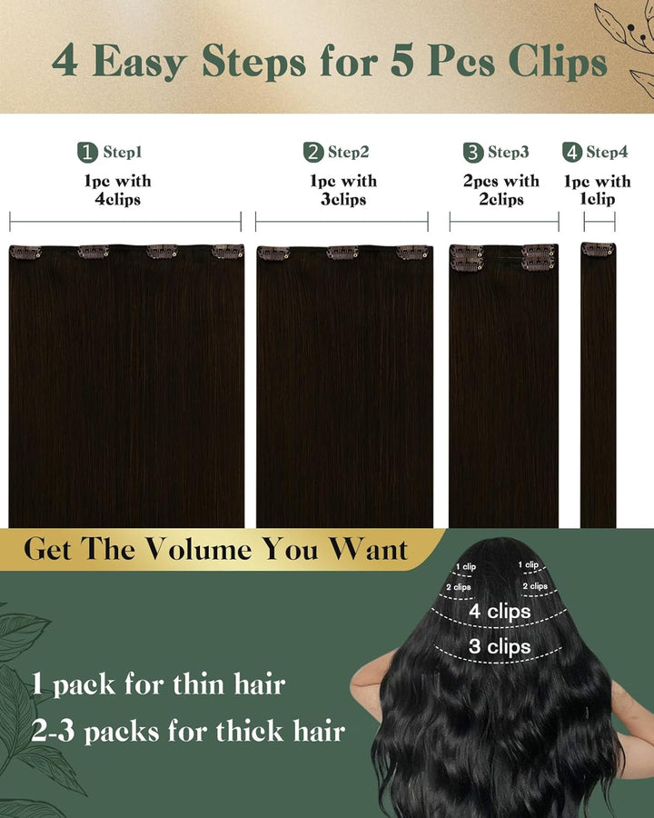 Ugeat Braun Clip in Extensions Echthaar Einzelne 55cm Haar Extensions Echthaar Clip Dunkelbraun Farb