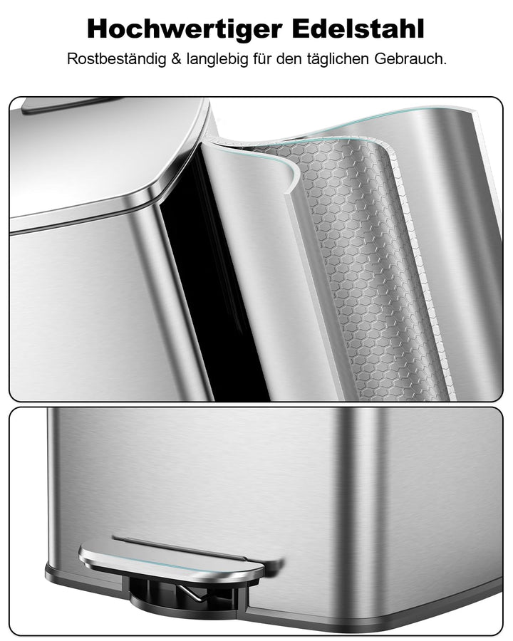 lovewind Mülleimer Küche 60L, Edelstahl Tretmülleimer mit Soft-Close Deckel, Herausnehmbarer Innenei
