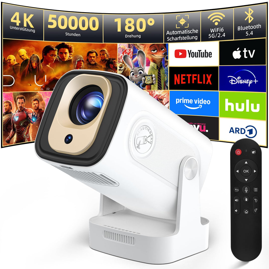 Beamer Full HD 1080P Mini Beamer 4K, Auto Trapezkorrektur, Mini Projector 180°Dreh Videoprojektor Un