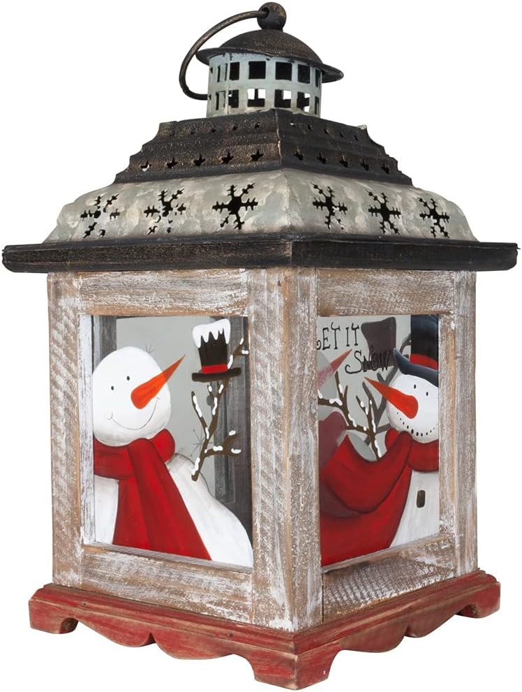 Weihnachtslaterne Schneemann Weiss ca. 29 cm Laterne Tischdekoration Metall und Holz Adventsdeko