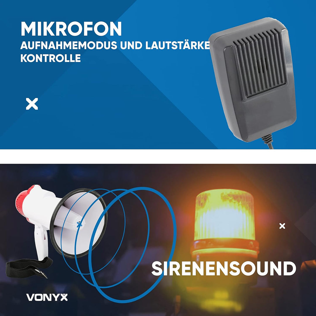 VONYX MEG040 Megafon mit Sirene und Aufnahmefunktion, 40 Watt lautes Megaphone, Party-Megafon, Sprac