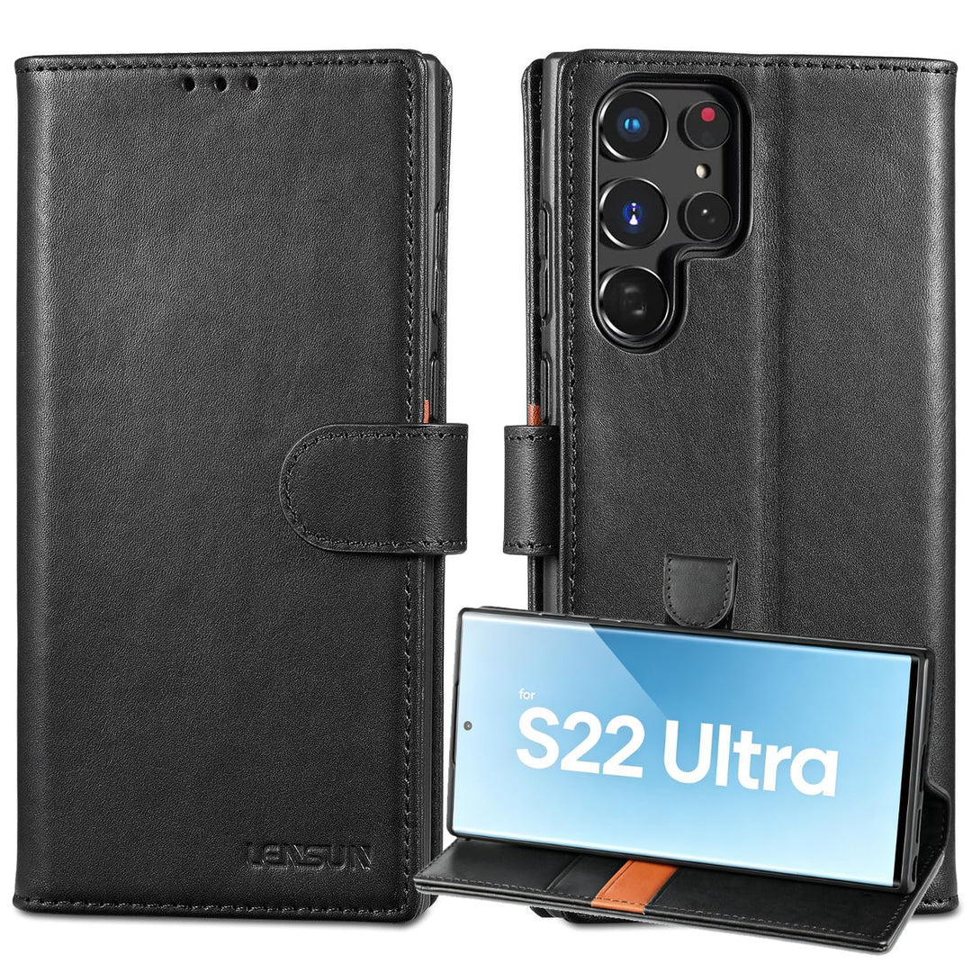 LENSUN Echtleder Hülle für Samsung Galaxy S22 Ultra, Handyhülle Echt Leder [Magnetverschluss][RFID]