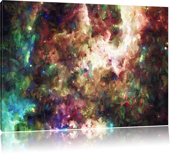 Pixxprint Bunte Nebelgalaxie und Sterne Kunst Pinsel Effekt, Format: 100x70 auf Leinwand, 100x70