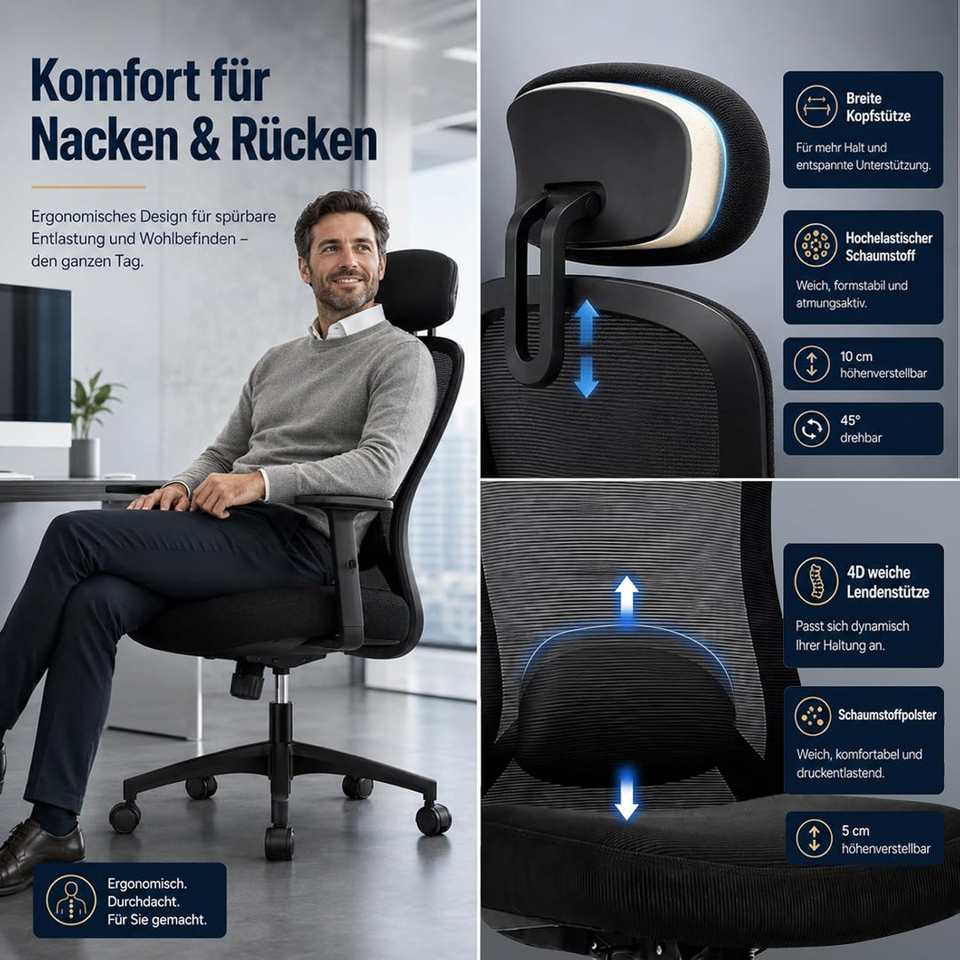 Bürostuhl, Ergonomischer Bürostuhl mit Verstellbarer 4D Lendenwirbelstütze, Schreibtischstuhl mit Ko