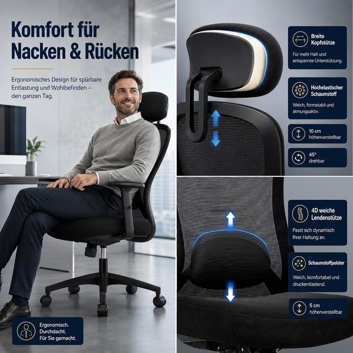 Bürostuhl, Ergonomischer Bürostuhl mit Verstellbarer 4D Lendenwirbelstütze, Schreibtischstuhl mit Ko