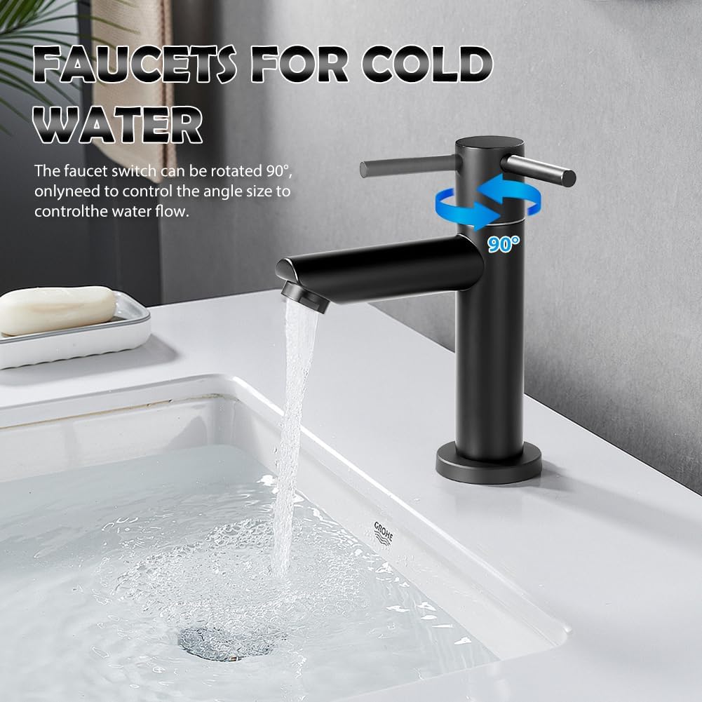 Wasserhahn Bad Schwarz+Wasserzulaufleitung, Edelstahl, Kaltwasserhahn Gäste Wc,Mischbatterie Waschbe