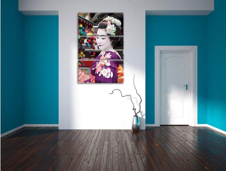 Pixxprint Anmutige Geisha mit Fächer 3-Teiler Leinwandbild 120x80 Bild auf Leinwand