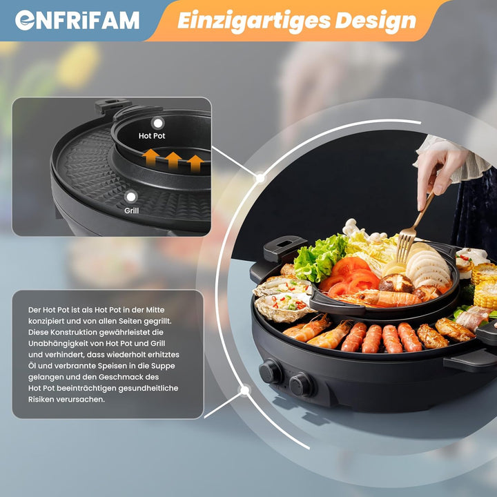 ENFRIFAM 2200W 2 in 1 Multifunktions Elektro Hot Pot und Grill Combo, rauchfreier Split Shabu Shabu