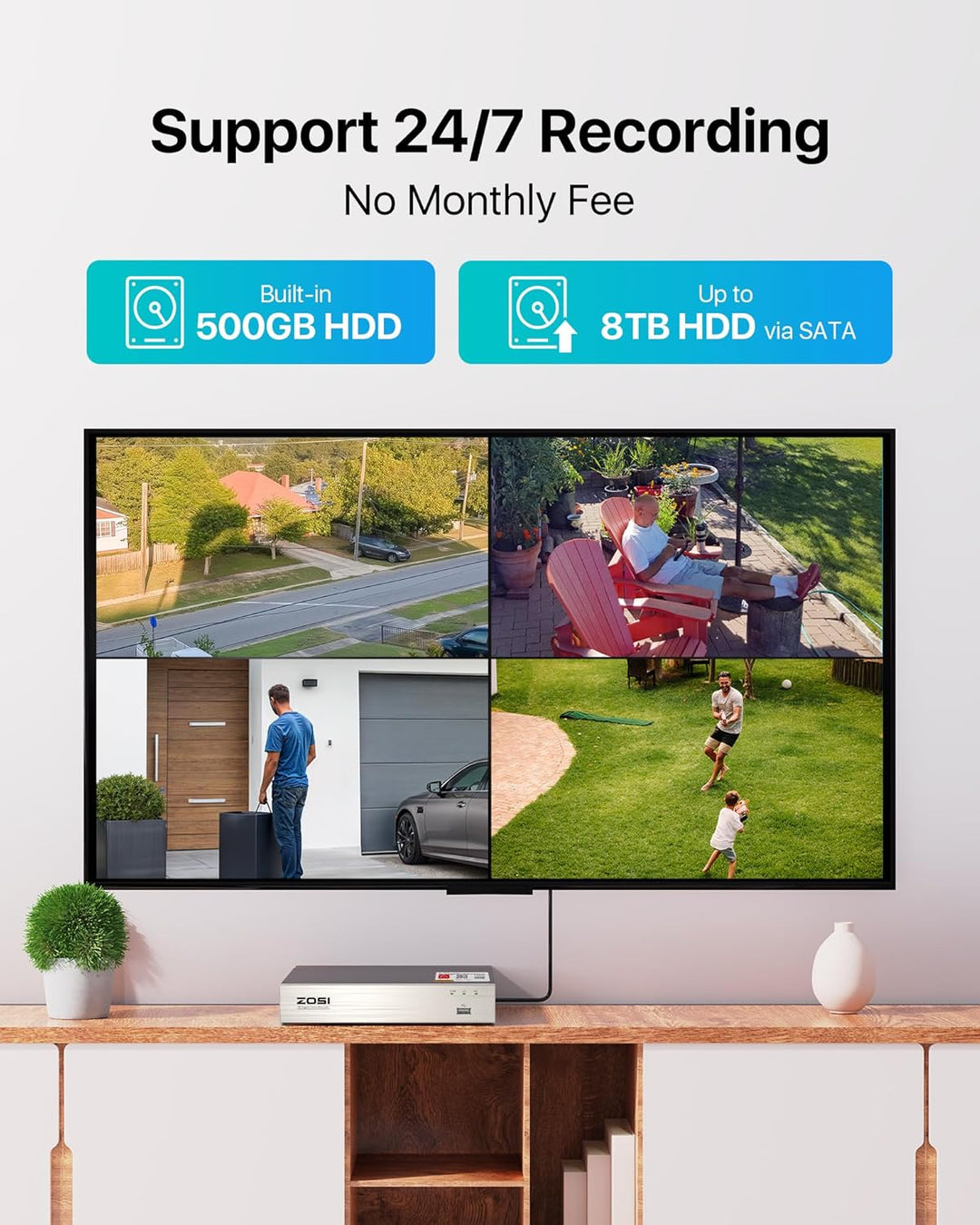ZOSI 1080P Aussen Überwachungskamera Set mit Kabel, 8CH 500GB DVR und 4 Aussen 1080P Verkabelt Video