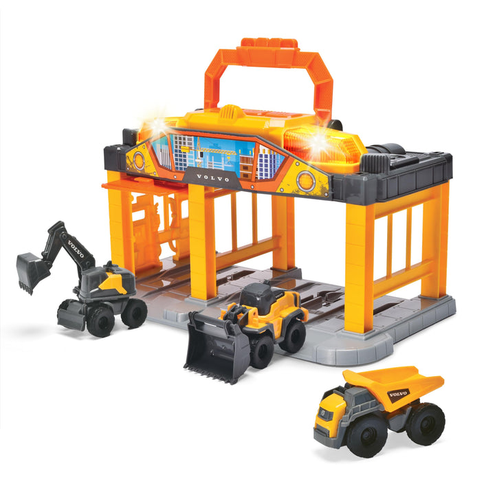 Dickie Toys - Micro Construction Auto-Station für Kinder ab 3 Jahre (25 cm) mit 3 Volvo Baustellenfa