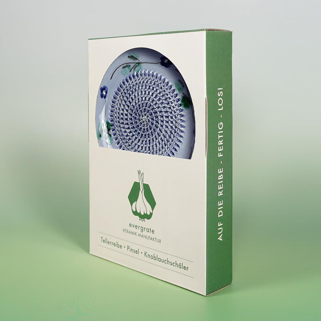 Evergrate® Keramikreibe Flora mit Geschenkbox – mit Reibe, Knoblauchschäler, Rezeptheft & Pinsel – H