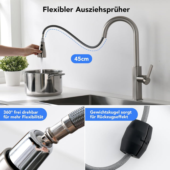Wasserhahn Küche Ausziehbar, 2 Wasserauslauf Modi, Chrom