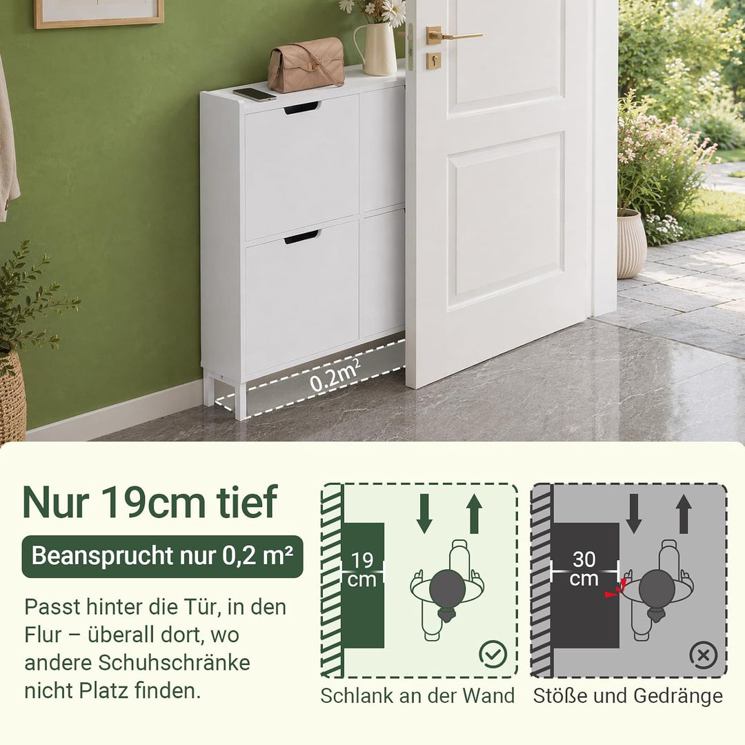 SoBuy Schuhschrank schmal mit 4 Klappen platzsparender Schuhkipper Hoch Kommode mit 4 Ablagen Schuhr