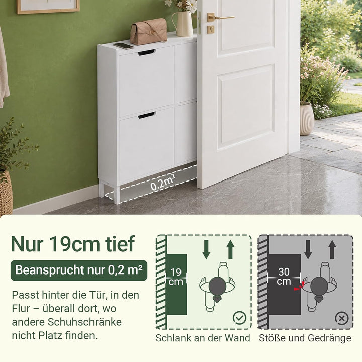 SoBuy Schuhschrank schmal mit 4 Klappen platzsparender Schuhkipper Hoch Kommode mit 4 Ablagen Schuhr
