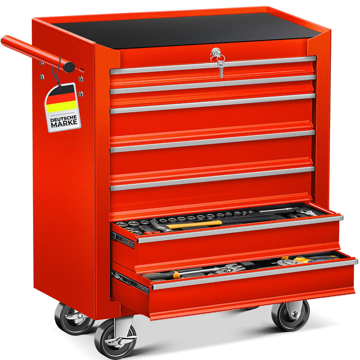 MASKO® Werkstattwagen - 7 Schubladen, rot | Abschliessbar | Massives Metall | Mobiler Werkzeug-Wagen