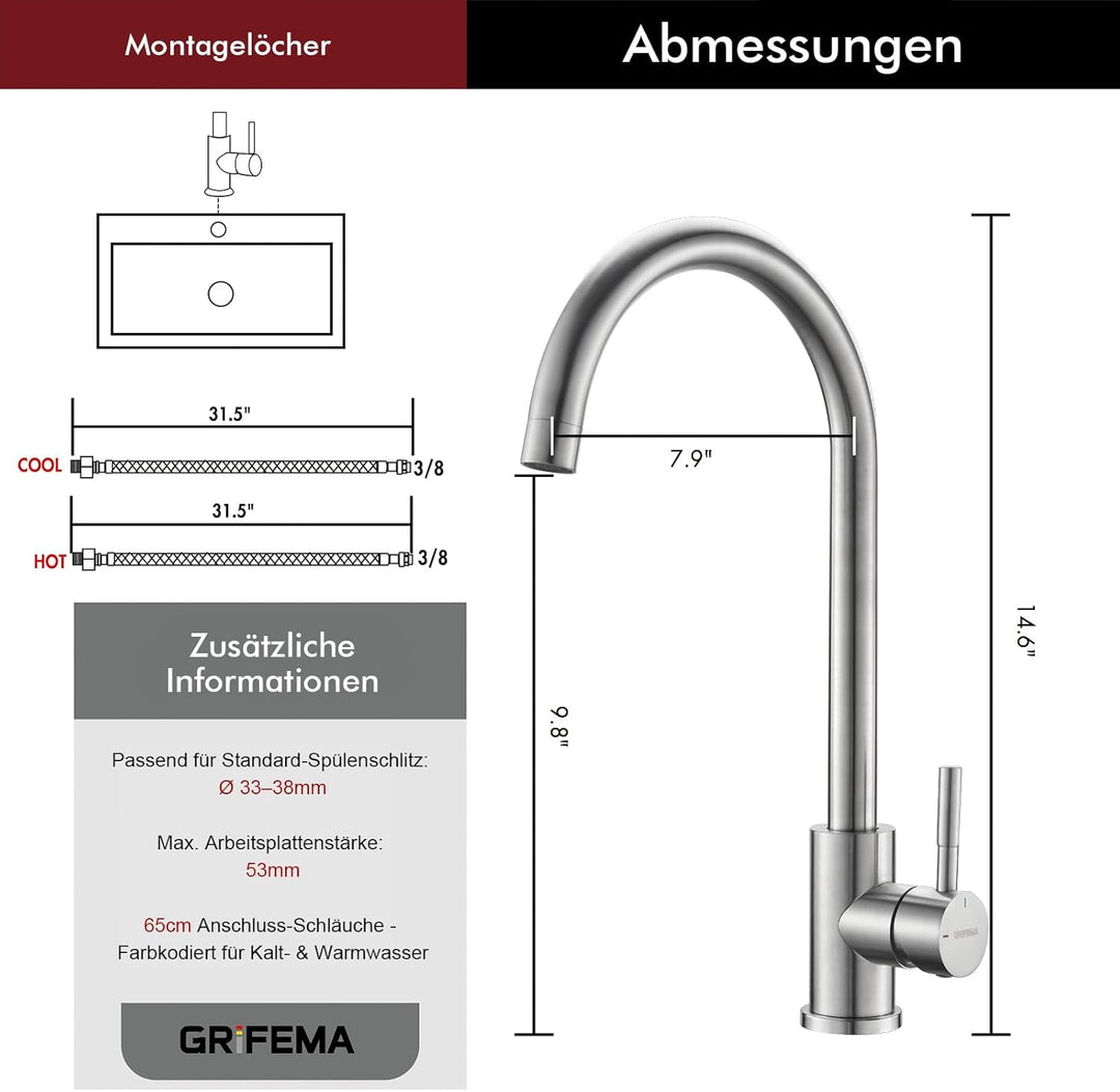 GRIFEMA Küchenarmatur Mischbatterie 360° Drehung- Wasserhahn Küche Edelstahl, Spültischarmatur mit H