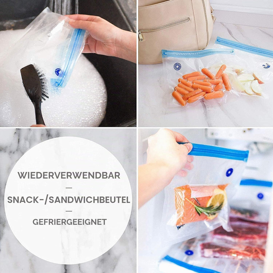 Sous Vide Beutel 15 Stück Wiederverwendbare Vakuum Lebensmittellagerbeutel mit 1 Handpumpe, 4 Versch