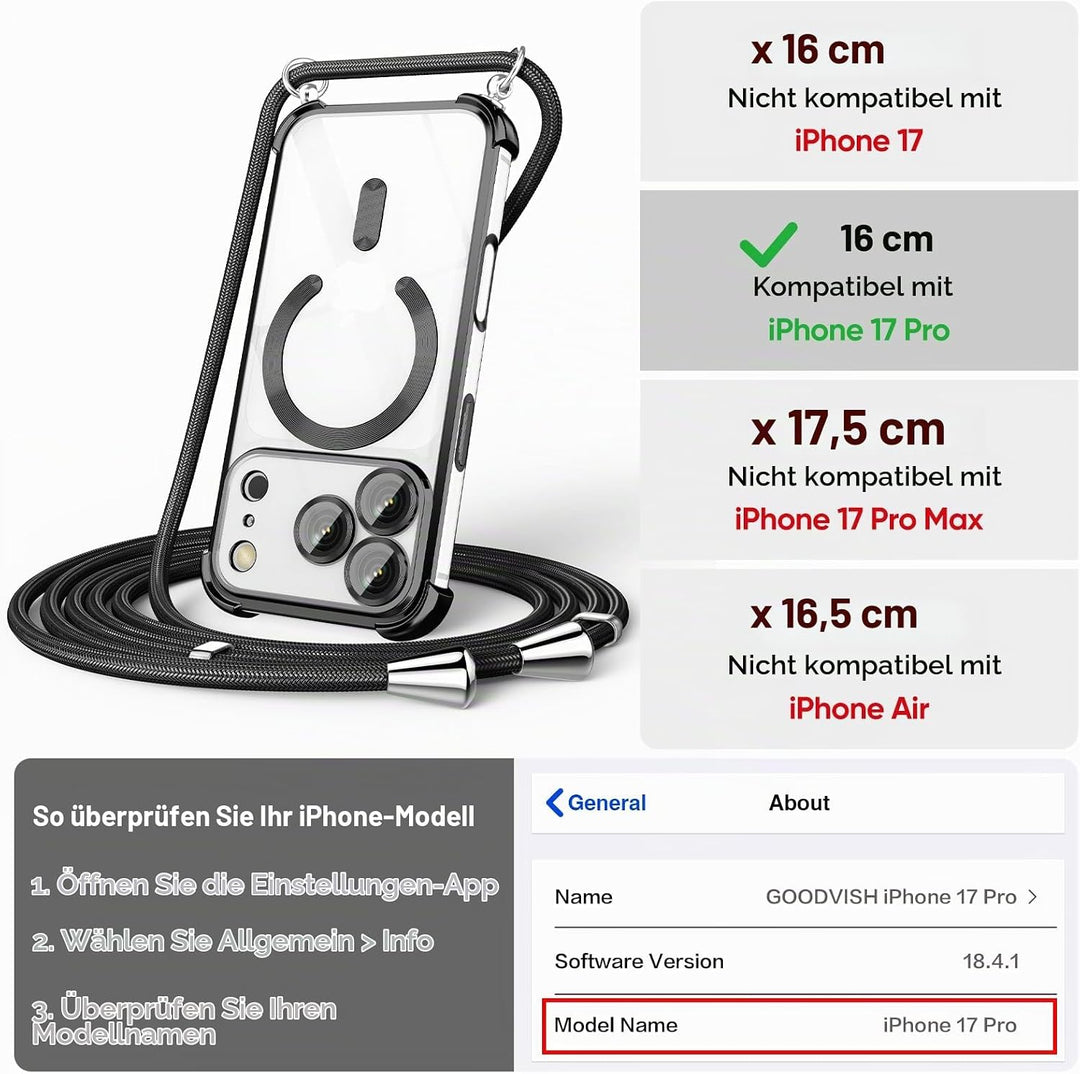 GOODVISH Handykette für iPhone 17 Pro Hülle mit Band Magnetisch, Schwarz | mit 2 Stück Schutzfolie,