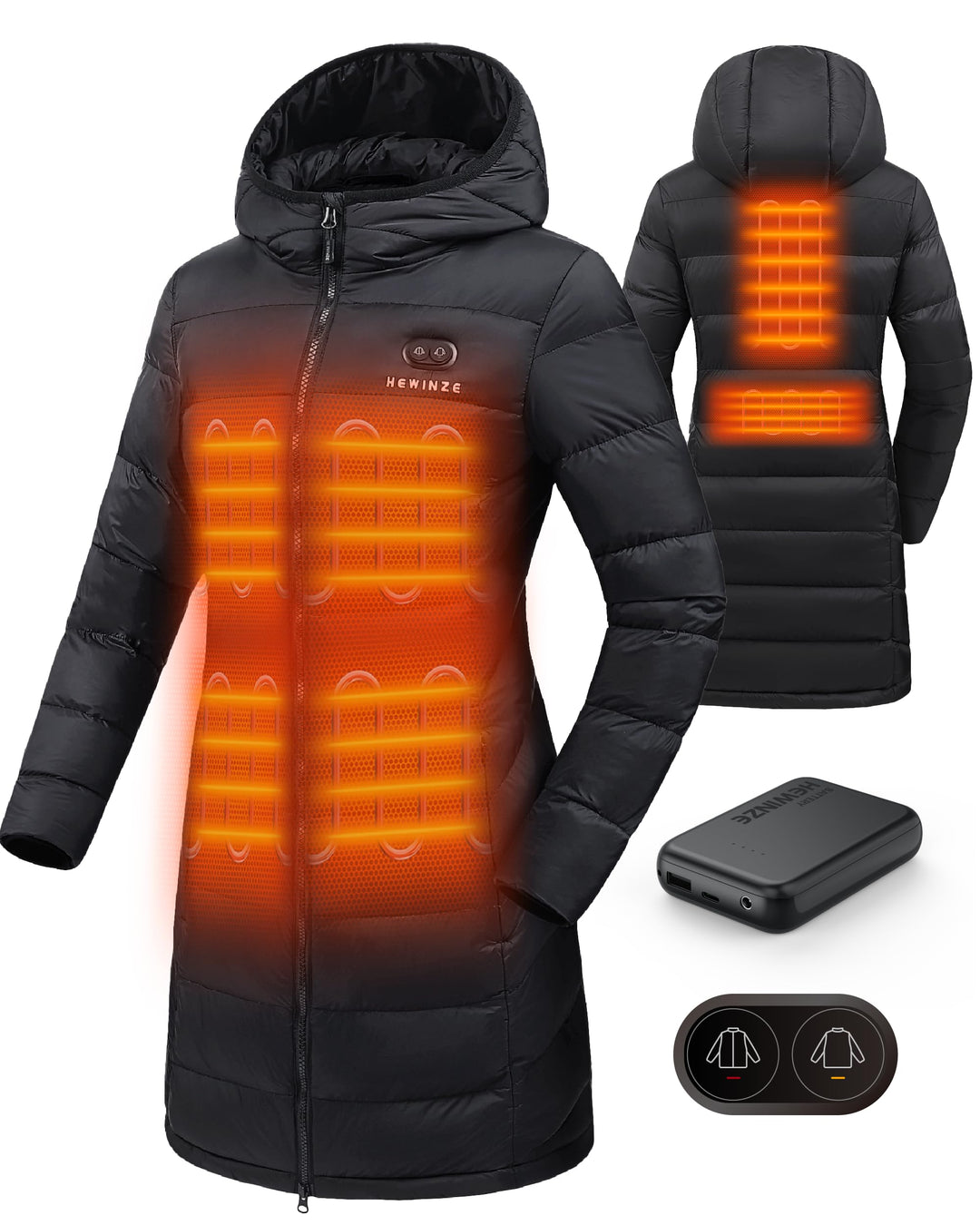 HEWINZE Beheizbare Jacke Damen Winter Mantel mit Kapuze Warmer Wasserdicht Lang Jacke Steppmantel Fe