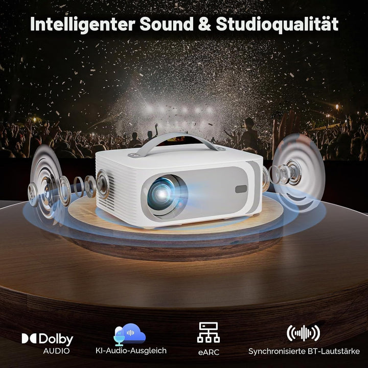 Videoprojektor 4 K 【Integrierte App/Dolby Audio】 1080P Nativer Videoprojektor, WiFi6, Bluetooth Liso