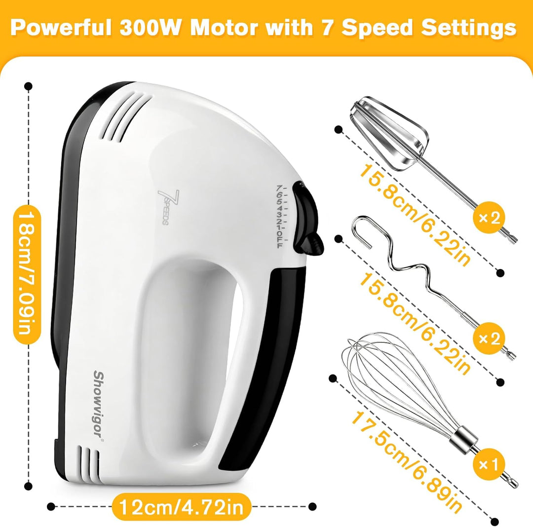 Handmixer Elektrisch 300W mit 7 Geschwindigkeiten, Ergonomischer Griff, Handrührgerät inkl. 2 Rührbe