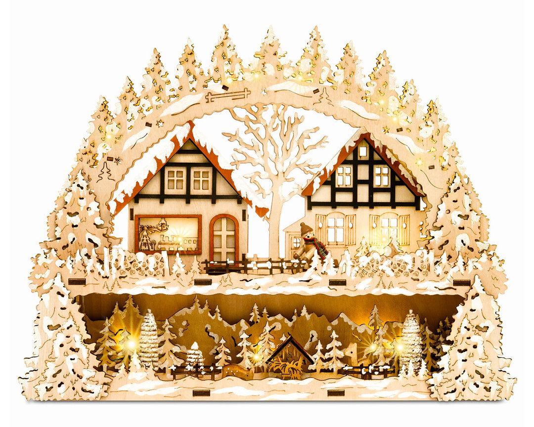 SIKORA LB65 Holz Schwibbogen beleuchteter LED Lichterbogen Motiv Winterdorf Waldszene Deko Weihnacht