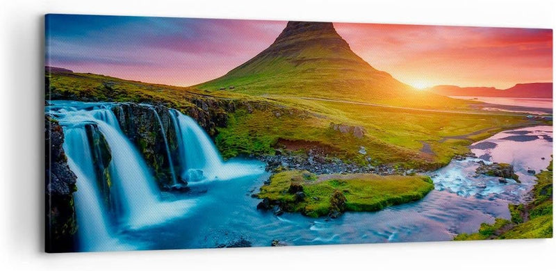 Wandbilder Dekoration Wohnzimmer Sonnenuntergang Wasserfall Island Vulkan Bilder auf Leinwand 120x50