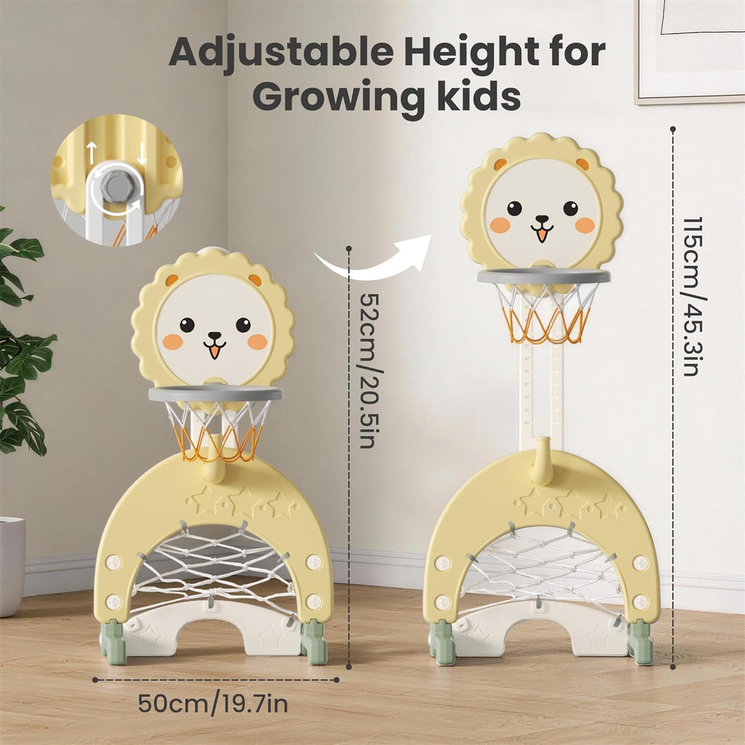 3-in-1 Kinder Basketballkorb Set, Höhenverstellbarer Basketballständer mit Fussballtor und Ringwurf,
