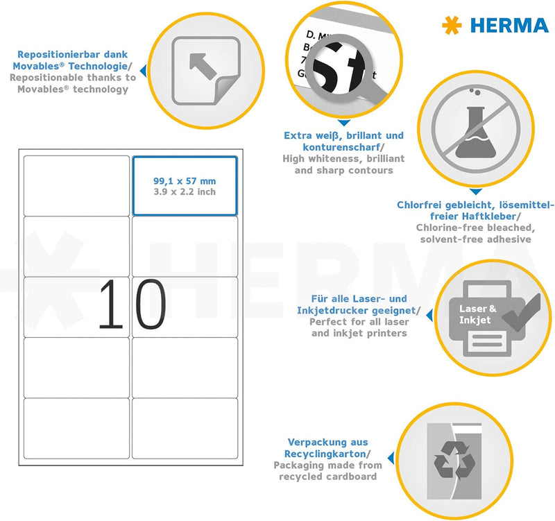 HERMA 10316 Universal Etiketten ablösbar, 100 Blatt, 99,1 x 57 mm, 10 Stück pro A4 Bogen, 1000 Aufkl