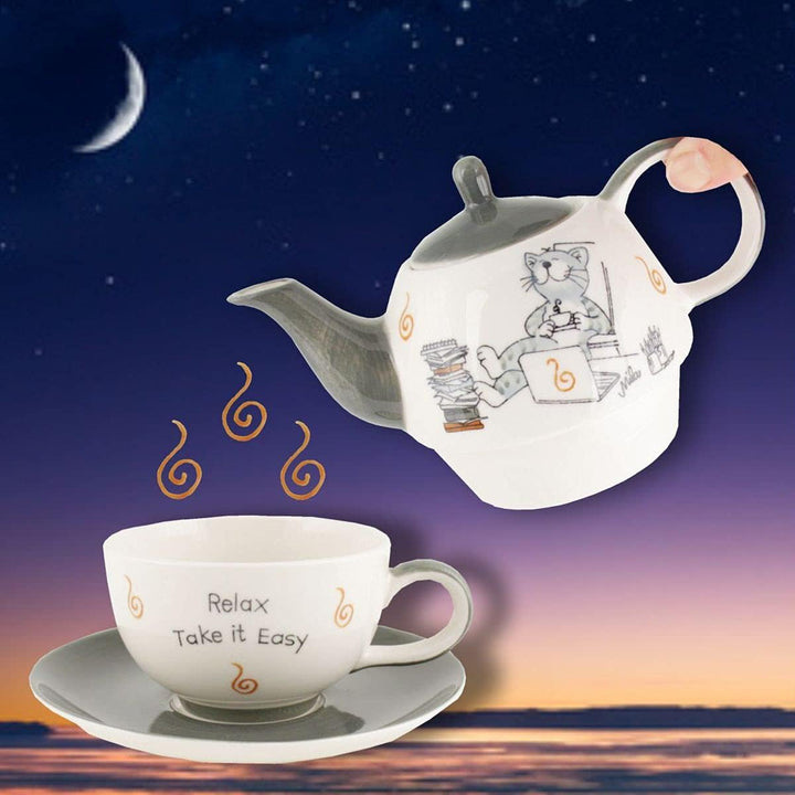 Mila Keramik Tee-Set-Tea for One Oommh Katze Relax - take it Easy Home-Office | MI-992271| 404530300