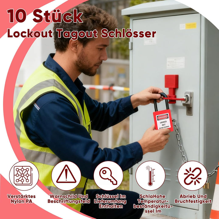 10 Stück Vorhängeschloss Gleichschliessend Lockout Tagout Schlösser 38 Mm, Rotes Nylon Loto Sicherhe