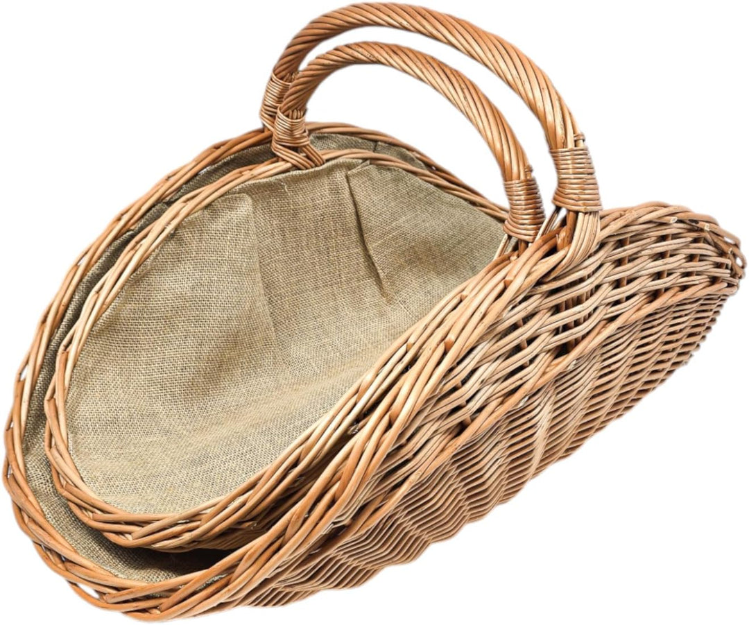 Kaminholzkorb aus Rindenweide mit Jutefutter (72 × 42 × 25/39 cm) – Handgeflochtener Weidenkorb zum