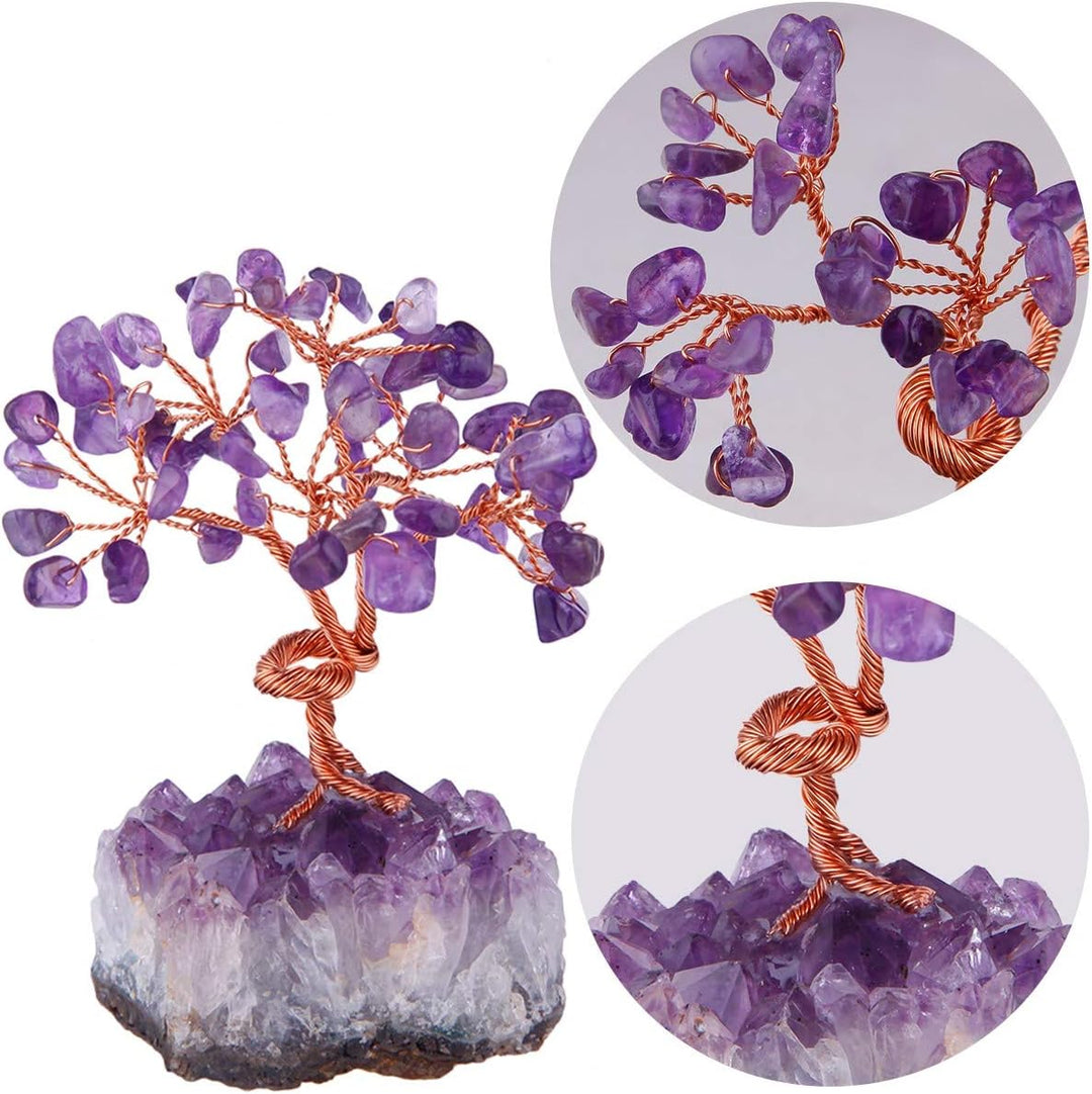 KYEYGWO Geld Baum umwickelt auf Crystal Base Bonsai Skulptur Figur für viel Glück Amethyst 7CM-13CM,