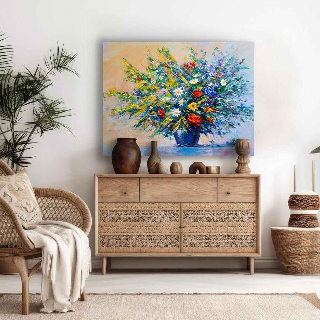 wandmotiv24 Leinwandbild Malerei, 100x75cm, Querformat, Blumen, Vase, Deko, Bilder auf Leinwand, Wan