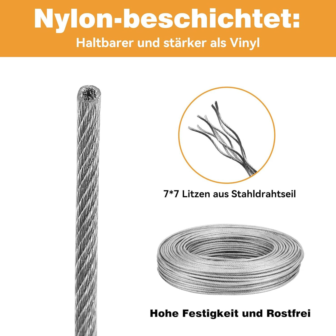 VIGRUE 32M 3mm Drahtseil kit, 304 Edelstahl Verdickt Drahtseil Spanndraht,Stahlseil Ummantelt,mit ös