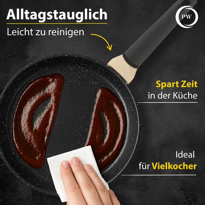 Pela Welle® Bratpfanne 28 cm Induktion, beschichtete Pfanne mit Deckel, schwarz | Bratpfanne Indukti