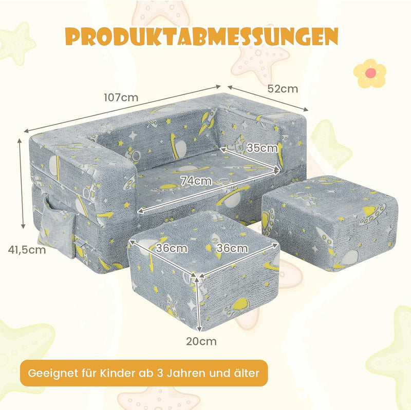 DREAMADE 4-in-1 Kindersofa ausklappbar, Kindersessel aus Samtstoff mit leuchtenden Mustern, abnehmba