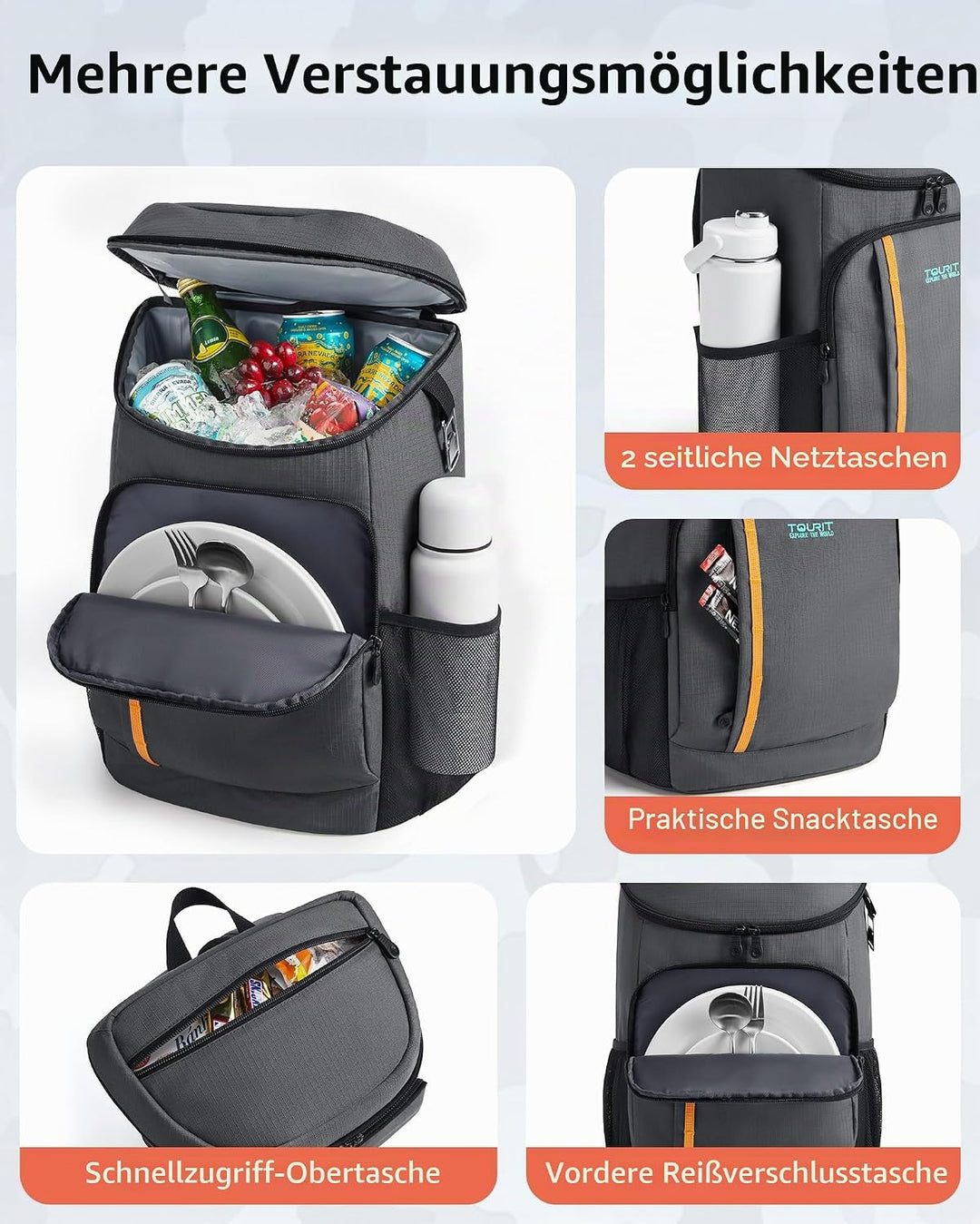 TOURIT Kühlrucksack Leichter Rucksack 28L mit Flaschenöffner Hält 30 Dosen Batik Schwarz, Batik Schw