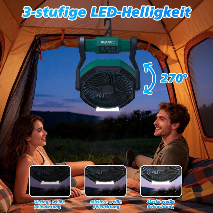 tragbarer Campingventilator mit LED-Licht, wiederaufladbarer Zeltventilator mit 10.000 mAh und Aufhä