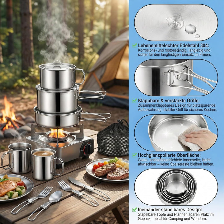 Camping Kochgeschirr Set - Camping Geschirr Set 304 Edelstahl Mini-Picknick-Camping Kochset, Edelsta