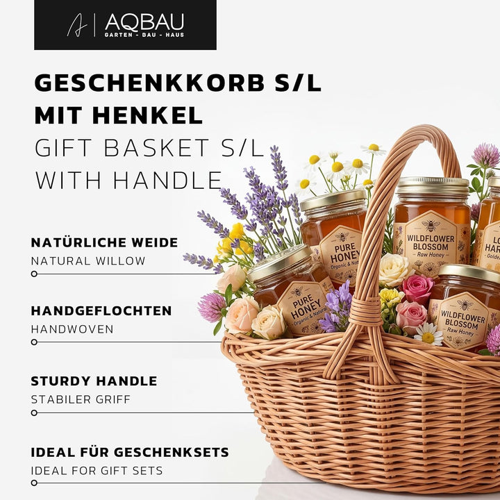Geschenkkorb S mit Henkel, Weidenkorb Geflochten Natur, Präsentkorb für Geschenke und Ostern, 34 x 2