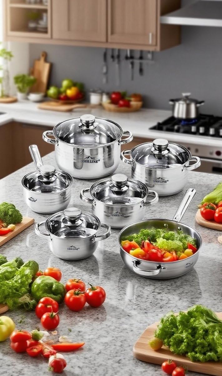 SMHLINE® 12-tlg Topfset Töpfe Set induktionsgeeignet Kochtopf Set Pfannen Edelstahl Kochgeschirr Pfa