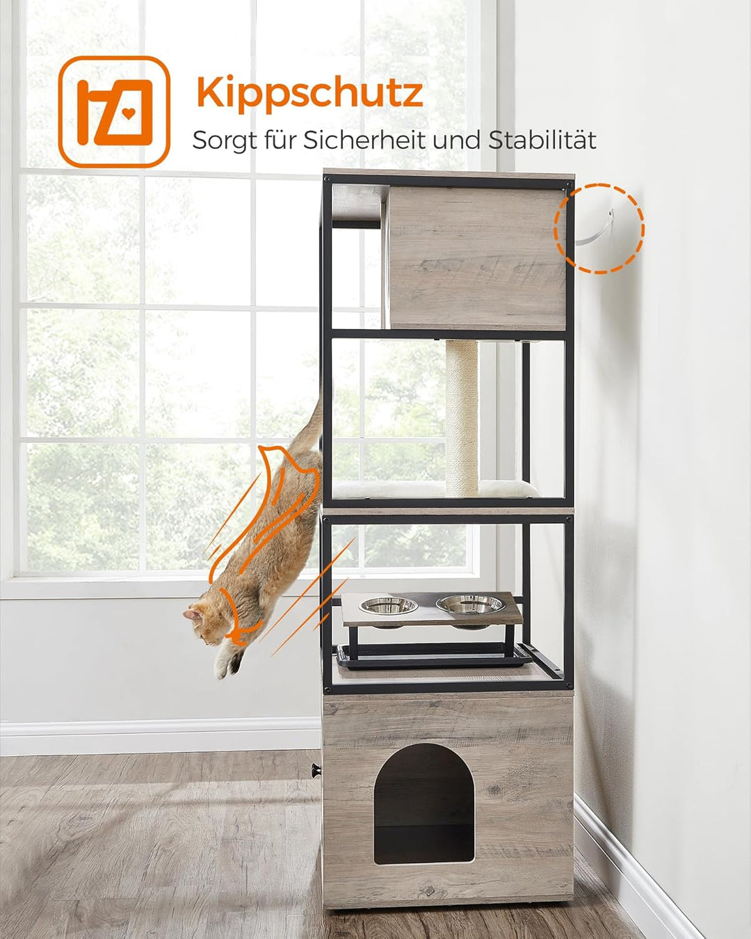 Feandrea Kratzbaum, Katzenbaum, Katzenhaus mit Katzenklo-Schrank, erhöhter Napfständer, Sisalstamm,
