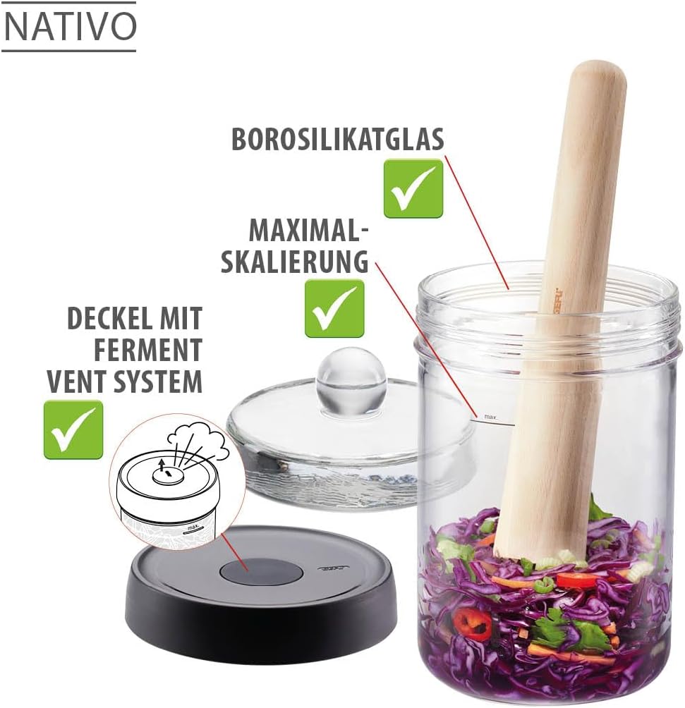 GEFU Fermentierglas NATIVO 1 Liter, inkl. Beschwerungsgewicht, Fermentationsglas mit Gewicht und Dec