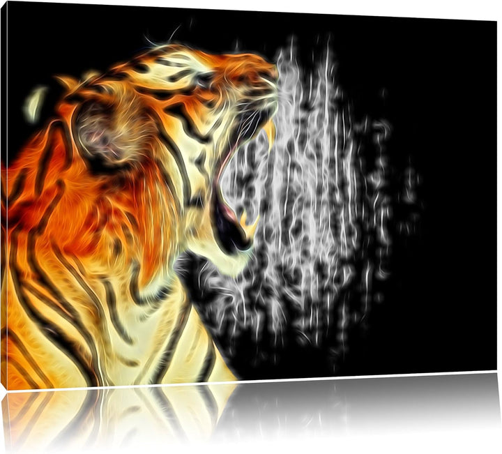 Dark Brüllender Tiger auf Leinwand, XXL riesige Bilder fertig gerahmt mit Keilrahmen, Kunstdruck auf