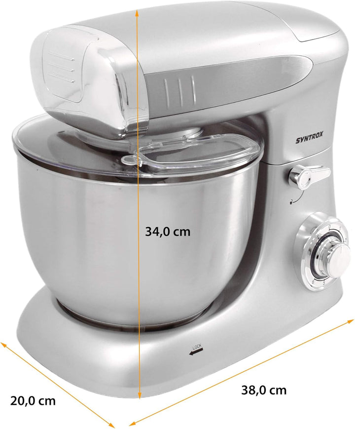 Syntrox Germany KM-1300W Silver de Luxe Küchenmaschine Knetmaschine Mixer mit Fleischwolf, Edelstahl